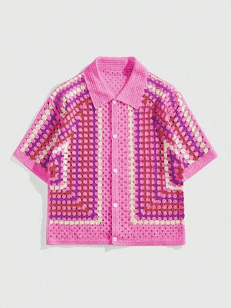 Street Life Men's Contrast Stripe Hollow Out Short Sleeve Vacation Knit Top