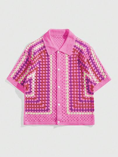 Street Life Men's Contrast Stripe Hollow Out Short Sleeve Vacation Knit Top