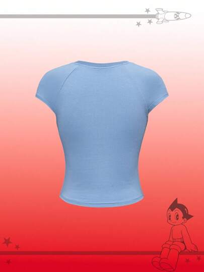 Astro Boy X ROMWE Camiseta de mujer de ajuste ceñido con cuello redondo, manga raglán y estampado de dibujos animados adorables, para el verano