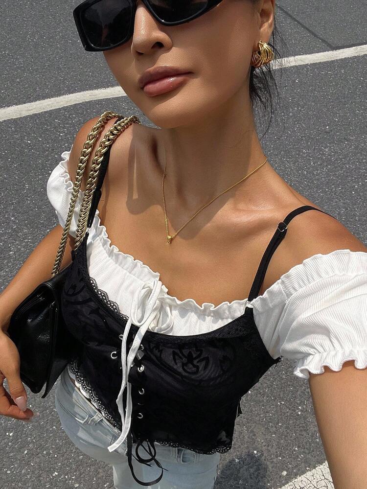 2pcs Women Leopard Print Camisole And Frill Off Shoulder Top Set