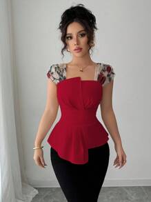 Elenzga 女式束腰不对称拼接刺绣网眼衬衫 - 紅色 - 查看 6