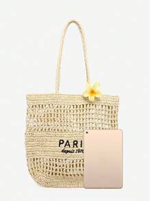 ROMWE Fairycore Women's Floral Hair Clip, Embroidered Letter Straw Tote Bag, Large Capacity Beach Bag, Suitable For Vacation And Shopping