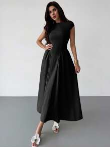 Firerie 女士优雅日常时尚新款度假喇叭腰 A 字中长连衣裙，黄色 - 黑色 - 查看 2