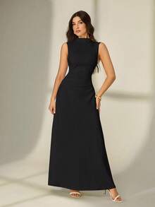 SHEIN Tall 情人节新款白色立领无袖褶皱 A 字长裙，优雅浪漫约会和工作装，女士夏季连衣裙，茶会礼服，白色毕业礼服 - 黑色 - 查看 7