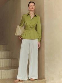 Arave 女士梭织棉质莫代尔纯色绿色衬衫领长袖半开腰系带优雅休闲办公室衬衫，春秋 - 綠色 - 查看 5