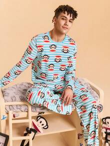 Paul Frank X SHEIN Men's Comfortable Striped Cute Cartoon Monkey Pattern Top And Pants Pajama Set, Fall Clothes