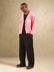 SUMWON Strickjacke im Varsity-Stil mit Knopfverschluss, NY Logo Patch, geripptem Muster, klassisch kollegial für Herbst und Winter, Buchstaben Patch, Langarm Pullover - Pink - Übersicht 6