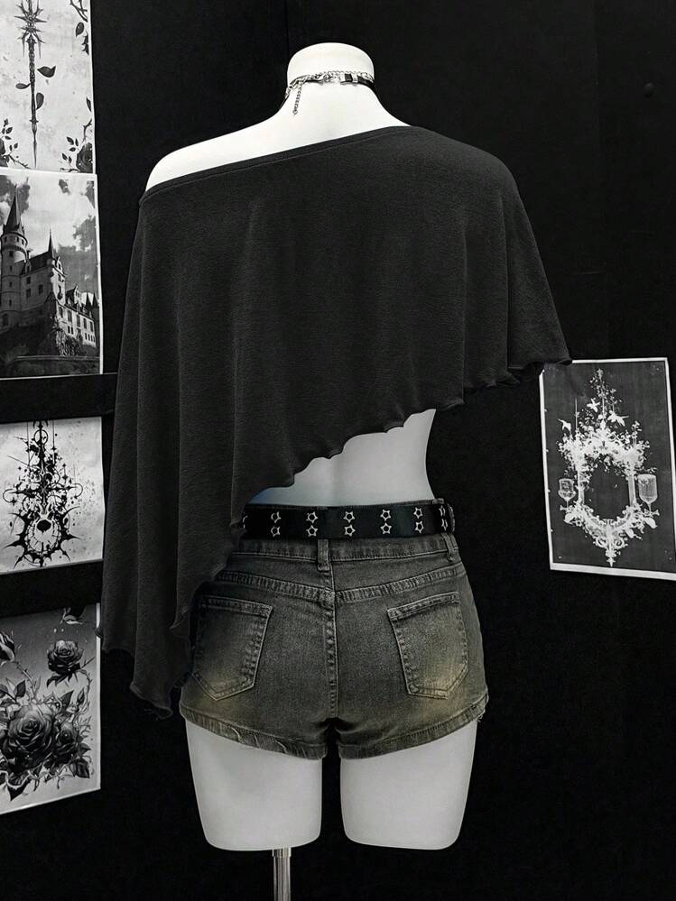 EgrlEra Top de estilo vacacional con cuello asimétrico cómodo - Negro - Añade 2