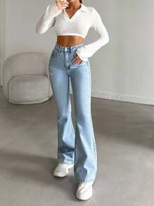 EURMUSE 98%Cotton High-Waist Original Boot Cut Jeans - Medium Wash - View 5