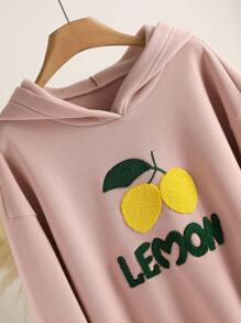 CosyJoli Plus Size Women Casual Lemon Embroidery Hoodie And Sports Shorts Set