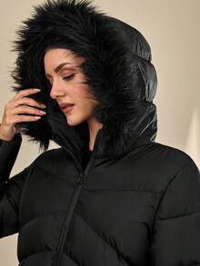 CLARA VERO Fashionable Elegant Solid Color Faux Fur Hooded Long Coat, Versatile For Winter Long Winter Coat Women Women's Winter Coats Everyday Going Out Black - Black - View 7