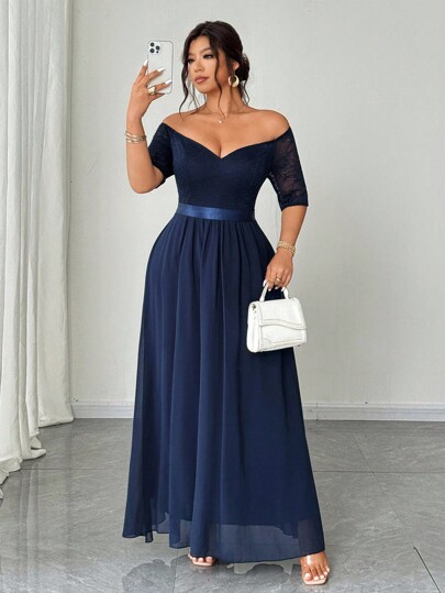 Elenzga Vestido maxi elegante y romántico para mujer de talla grande, con parches de encaje, hombros descubiertos, mangas cortas, cintura ceñida y fluido de gasa