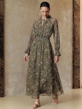 Arave 编织花卉印花圆领荷叶边饰 V 领长喇叭袖优雅休闲户外通勤度假女士连衣裙，春夏秋季