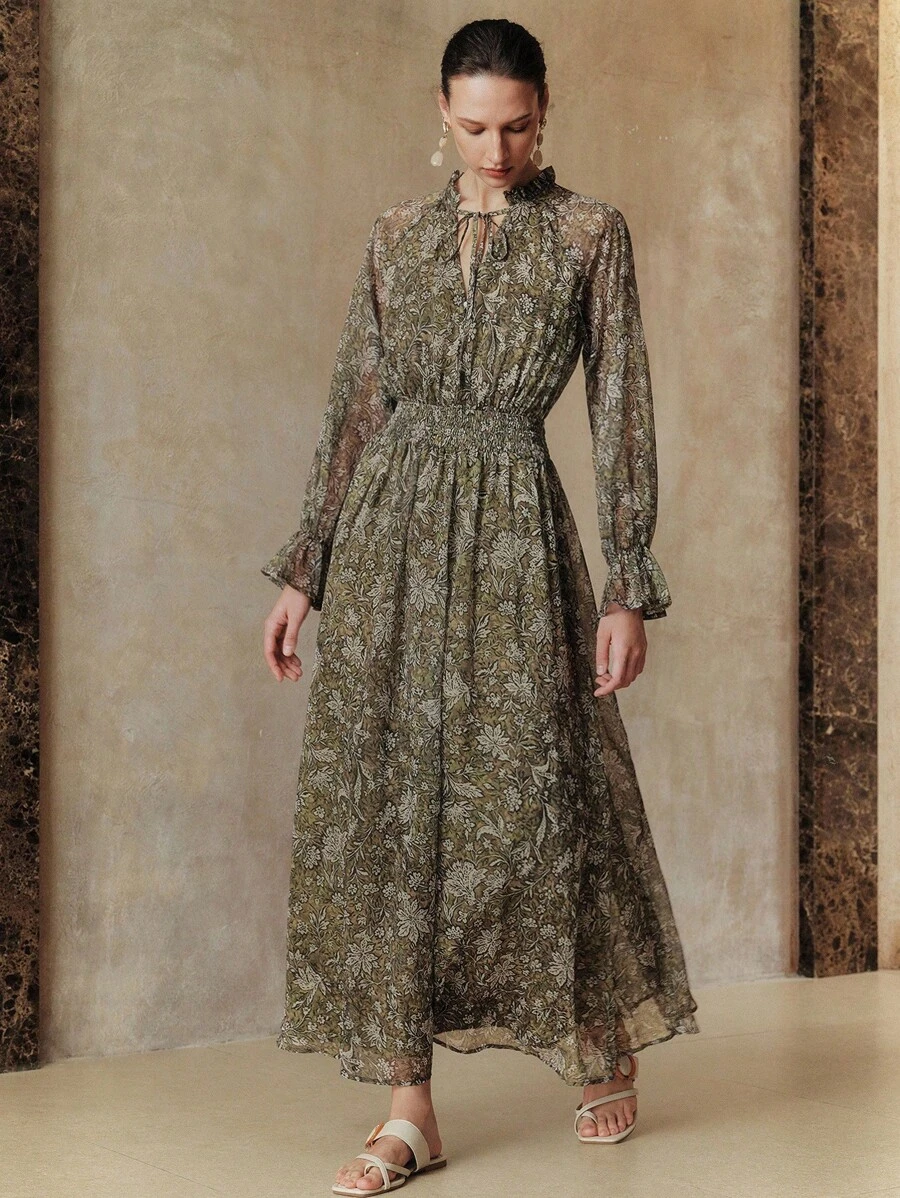 Arave 编织花卉印花圆领荷叶边饰 V 领长喇叭袖优雅休闲户外通勤度假女士连衣裙，春夏秋季 - 綠色 - 查看 1