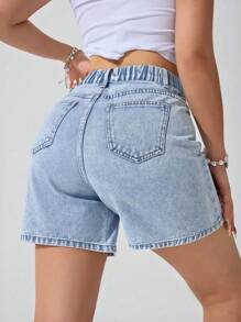SHEIN ICON Plus Size Casual Washed Denim Shorts - Teal Blue - View 2