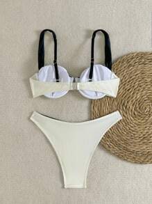 Swim SXY 2件套夏季性感吊带黑白边无线聚拢加厚比基尼泳装套装女式 - 黑與白 - 查看 7