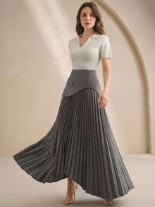 Anewsta 优雅女士百褶设计百搭半身裙 - 灰色 - 查看 7