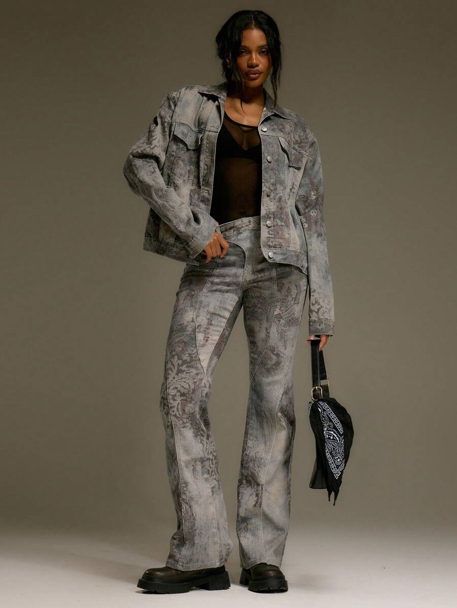 MUSERA Oversized Printed Denim Jacket Western Country Fall Autumn Back To School Cute 90's Y2k Fall Streetwear Festival Midwest Thanksgiving Chic