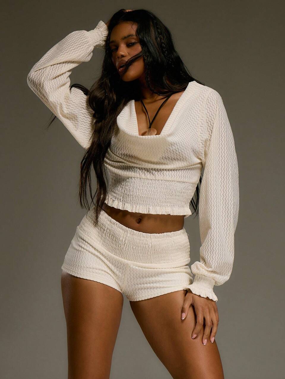 White Cowl Front Long Sleeve Crop Top And Ruched Hotpants Co Ord,Autumn Seksi Chic Vacation Holiday Western Country Streetwear Festival Y2k 90's Boho