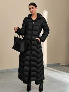 CLARA VERO Women Solid Color Zipper And Pocket Detailed Long Winter Coats - Black - View 4
