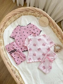 Dozemod Kids 4pcs Newborn Baby Girl Cute Cartoon Cat & Heart Pattern Ruffle Hem Top & Pants Casual Comfortable Home Pajamas Set Print - Baby Pink - View 2