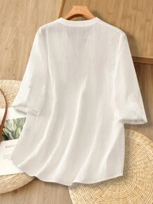Rusticease 女款V領素色紋理面料休閒夏季襯衫 白色V領女裝上衣 女款亞麻襯衫 白色女裝上衣 秋季女裝 商務休閒女款鈕扣襯衫 女款鈕扣襯衫 女款夏季襯衫 V領女裝上衣 秋季女裝 秋季女裝 秋季女款 - 白色 - 查看 7