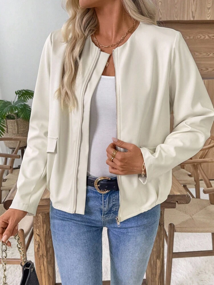 Veste décontractée polyvalente à manches raglan et col rond pour femmes, avec fermeture éclair. Veste d'été légère, veste de recouvrement, blazer pour l'automne/l'hiver