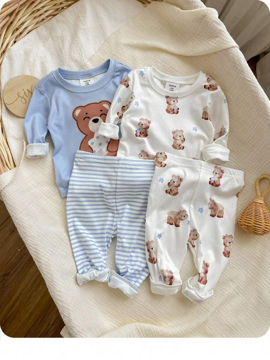 4 bộ đồ ngủ tay dài vừa vặn in họa tiết gấu & sọc dễ thương & quần dài mềm mại & thoải mái cho bé trai - Màu be - Xem 1