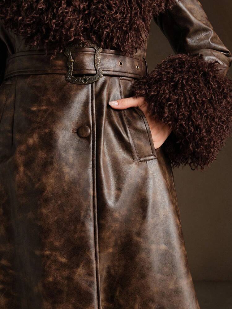 女性用秋冬ロング フェイクラムウール パッチワーク デュアルトーン 通気性レザーウエストベルト シングルブレスト カジュアルジャケット、秋冬、新年、エレガント、シック、スタイリッシュ、クリスマス、外出に適しています