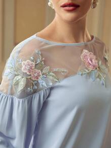 ZEYLAH 女士花卉刺绣网眼灯笼袖宽松优雅衬衫 - 白色 - 查看 4