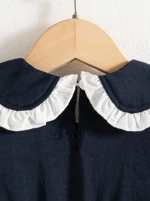 Souflis Souflis Baby Girl Elegant Academy Sweet Navy Blue & White Ruffle Peter Pan Collar Puff Sleeve Dress, Suitable For School, Everyday Wear, And Photos, Summer - Navy Blue - View 8