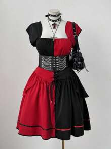 Flirla Váy xếp ly buộc dây màu đen và đỏ cỡ lớn dành cho nữ - Nhiều màu - Xem 6