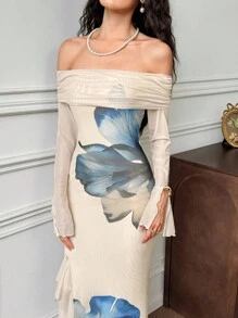 EastFlair Women's Floral Print Off Shoulder Split Fishtail Hem Fitted Dress Wedding Guest Dress Women Birthday Dresses For Women