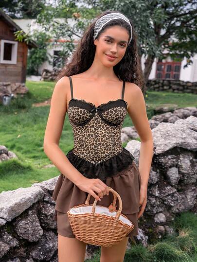 SHEIN 1pc Women's Lace Patchwork Leopard Print Underwire Sexy Bra Leopard Corset Top Cheetah Print Corset Corset Dress For Women Leopard Print Top Lace Corset Top