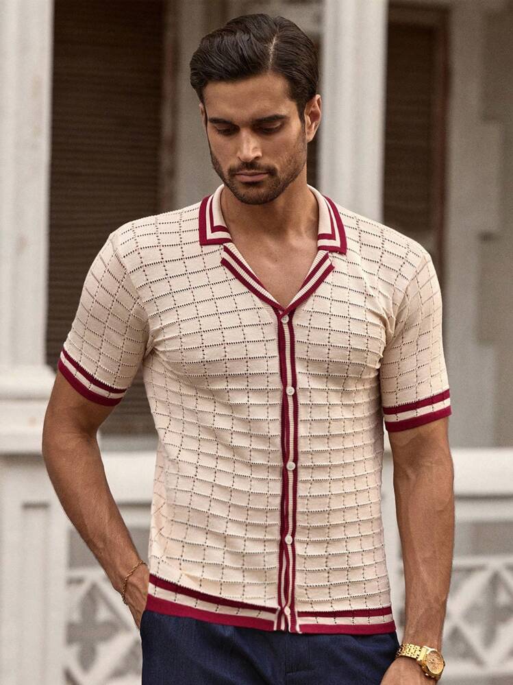 Manfinity VCAY Áo len nam tay ngắn, cổ polo, đục lỗ hai màu, áo len cardigan dáng ôm cá tính thời trang, áo len móc cho nam, áo len nam cổ điển, áo len nam, áo len nam đi nghỉ dưỡng, cho mùa thu đông - Màu be - Xem 1