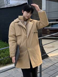 DAZY Khaki Windbreaker Jacket, Double-Breasted Design, Long Style Men's Padded Coat, Winter - Khaki - View 6