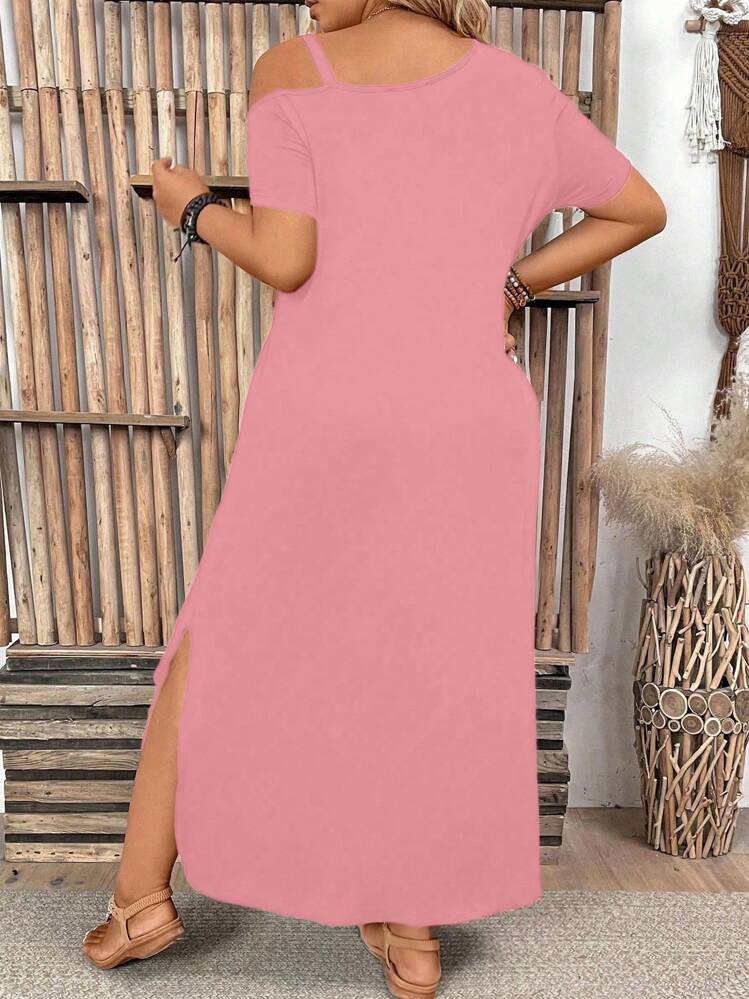 Plus Size Women's Solid Color Simple Daily Dress, For Thanksgiving Maxi Women Outfit - Pink - View 2