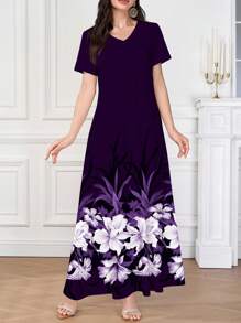 Modelyn 紫色 V 领女式夏季针织短袖花卉印花连衣裙，可作为外套或内衣/工作服穿着，美丽的白色花朵下摆印花，适合约会、休闲、派对、度假，女士夏装，女士长裙。花卉长裙/优雅花卉长裙 - 紫色 - 查看 1