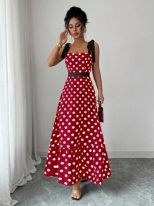 Elenzga 女士优雅波尔卡圆点印花无袖连衣裙，夏季 - 紅白色 - 查看 4