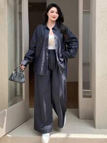 Dazy Plus 2pcs Set: Loose Fit Denim Shirt With Collar & Casual Denim Pants, Suitable For All Seasons, Spring/Autumn,Fall Women Clothes