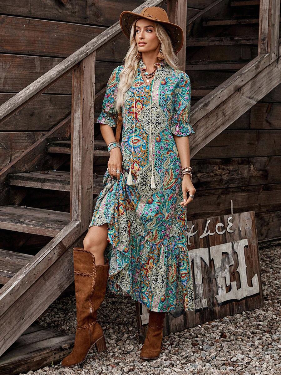LanaWest Women's Bohemian Style Printed Mid-Sleeve Dress,Ladies Boho Fringe,Ruffle Hem Half Sleeve Tie Neck Loose Long Multicolor Flounce Sleeve All Over Print,Paisley Smock Women Long Dresses,Spring/Fall,Casual Daily Wear Maxi Women Outfit