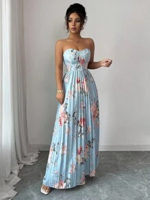 Elenzga Gaun Camisole A-Line Elegan dan Romantis dengan Motif Bunga dan Detail Kerut di Pinggang untuk Wanita - MultiWarna - View 5