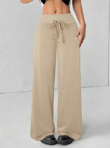 SHEIN PETITE Quần nỉ ống rộng lưng thấp dệt kim trơn thoải mái và giản dị dành cho nữ - Màu Khaki - Xem 6