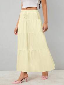 SHEIN Tall 女士纯色高腰系带荷叶边下摆长裙 - 黃色 - 查看 4