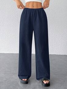 SHEIN PETITE 女士纹理简约宽松阔腿裤 - 藏蓝色 - 查看 6