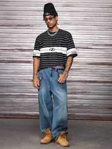 AXEPEAK 男士日常休闲时尚条纹上衣宽松圆领短袖T恤 - 黑色 - 查看 3