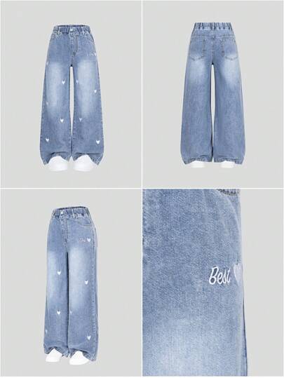 SHEIN Elladie kids Denimly 新款春夏女款宽松浅蓝色牛仔阔腿裤，柔软的牛仔面料如云朵般包裹，心形刺绣细节，松紧腰身设计穿着舒适，适合校园、街头、约会、户外活动和日常穿着