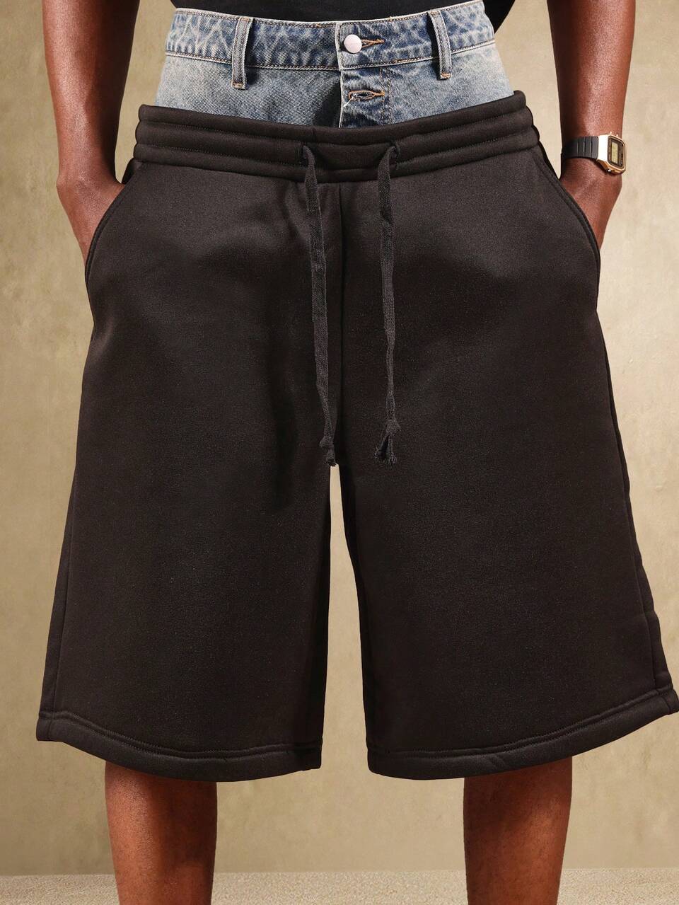 SUMWON Men Fleece Knee Length Skater Bermuda Jort Unisex Streetwear Wide Leg Drawstring Cargo Summer Long Shorts Plain