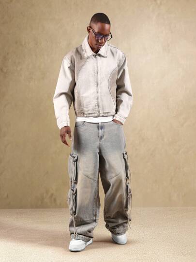 SUMWON 牛仔夹克 经典西部风格 拼接结构 复古风 做旧水洗 卡车司机风格 过渡外套 个性单品 街头风 基本款 弧形设计 细节