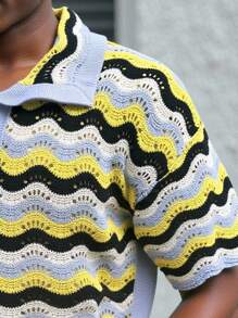 Manfinity Homme Men's Casual Button-Up Short Sleeve Knit Top Men Knitted Button Up Crochet Jersey Men Crochet Shirts - Baby Blue - View 3